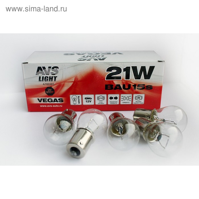 Лампа автомобильная AVS Vegas 12 В, P21W (BAU15S), смещенный штифт, набор 10 шт лампа 12v p21w 21w avs vegas