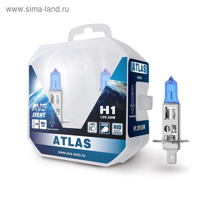 Лампа автомобильная AVS ATLAS PB, 5000К, H1, 12 В, 55 Вт, набор 2 шт лампа автомобильная valeo blue effect h1 12 в 55 вт набор 2 шт 32604
