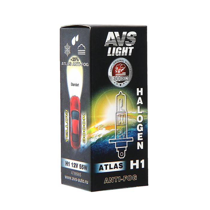 Лампа автомобильная AVS ATLAS ANTI-FOG / BOX желтый H1.12V.55W лампа автомобильная avs atlas anti fog желтый h27 881 12 в 27 вт набор 2 шт