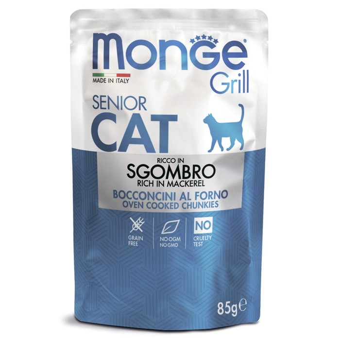 Влажный корм Monge Cat Grill Pouch для пожилых кошек эквадорская макрель 85 г 73₽