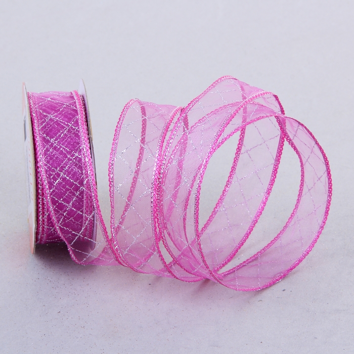 Лента из органзы с блёстками "Клетка", цвет ярко-розовый