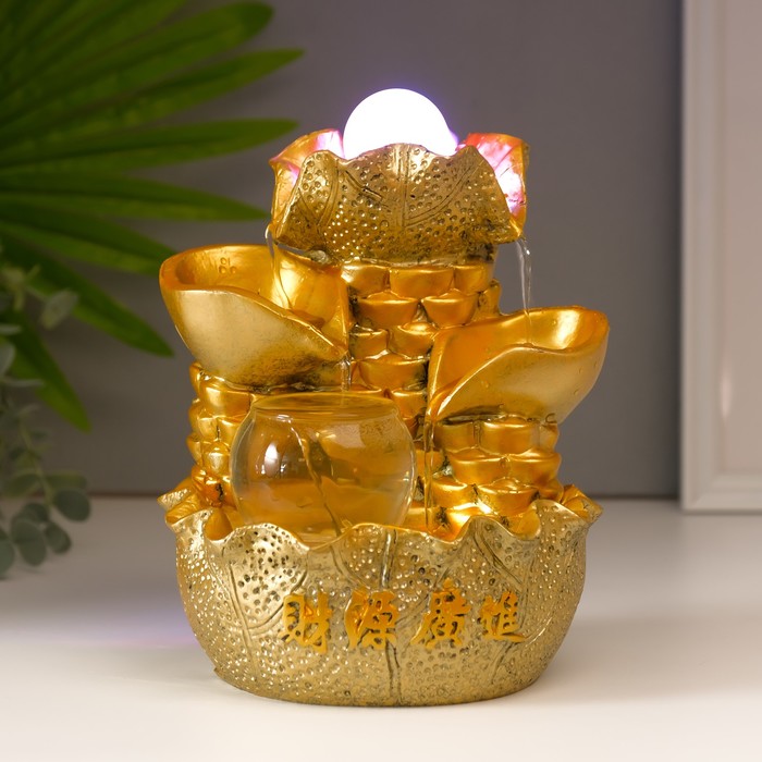 Фонтан настольный от сети, подсветка Листья и слитки золота золото 21х15х12 см