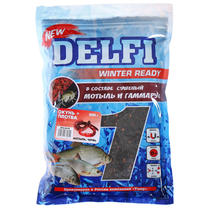 Прикормка зимняя увлажненная DELFI ICE Ready, окунь - плотва, мотыль/червь, 500 г