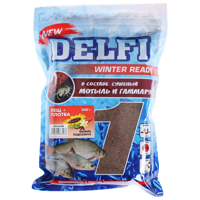 Прикормка зимняя увлажненная DELFI ICE Ready, лещ - плотва, ваниль/подсолнух, 500 г
