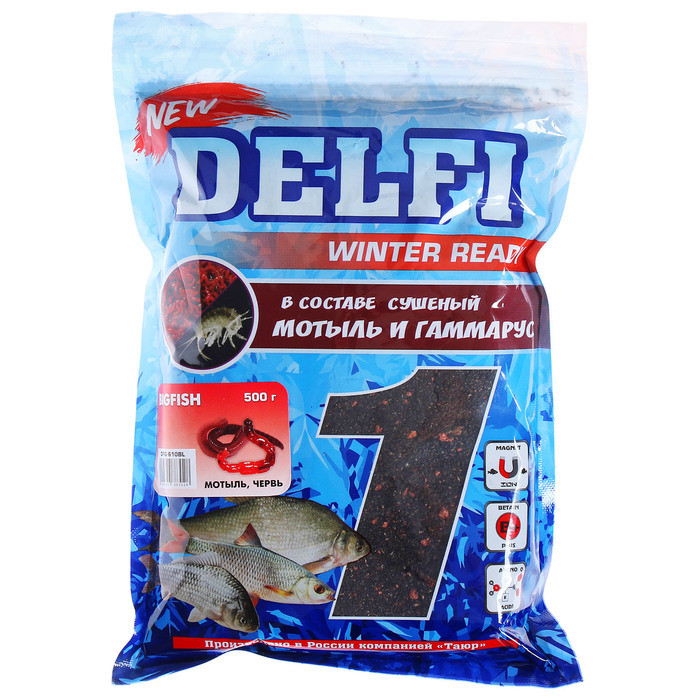 Прикормка зимняя увлажненная DELFI ICE Ready, большая рыба, мотыль/червь, 500 г