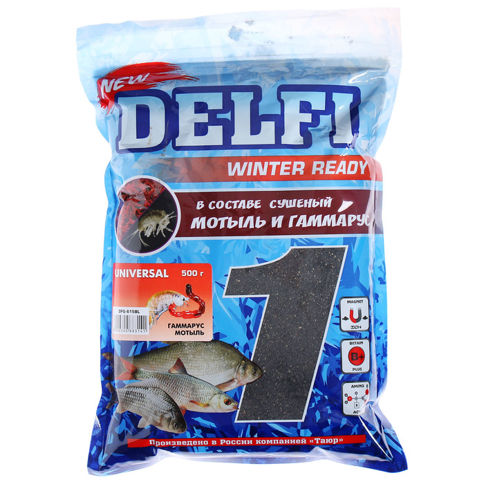 Прикормка зимняя увлажненная DELFI ICE Ready, универсальная, гаммарус/мотыль, 500 г