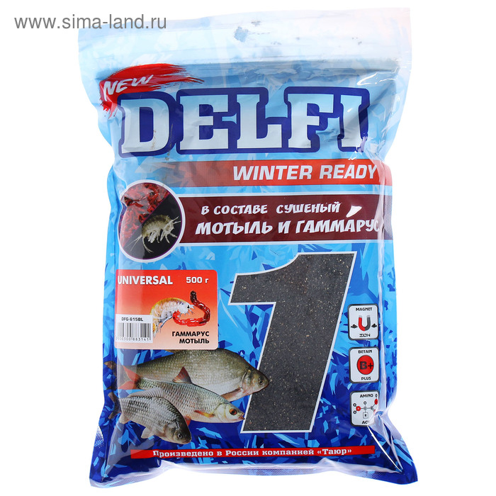 Прикормка зимняя увлажнённая DELFI ICE Ready, универсальная, аром. гаммарус/мотыль, 500 г