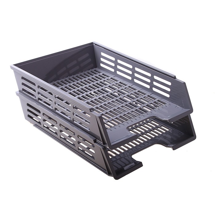 Набор лотков для бумаг горизонтальных с пазами 2 штуки, серый