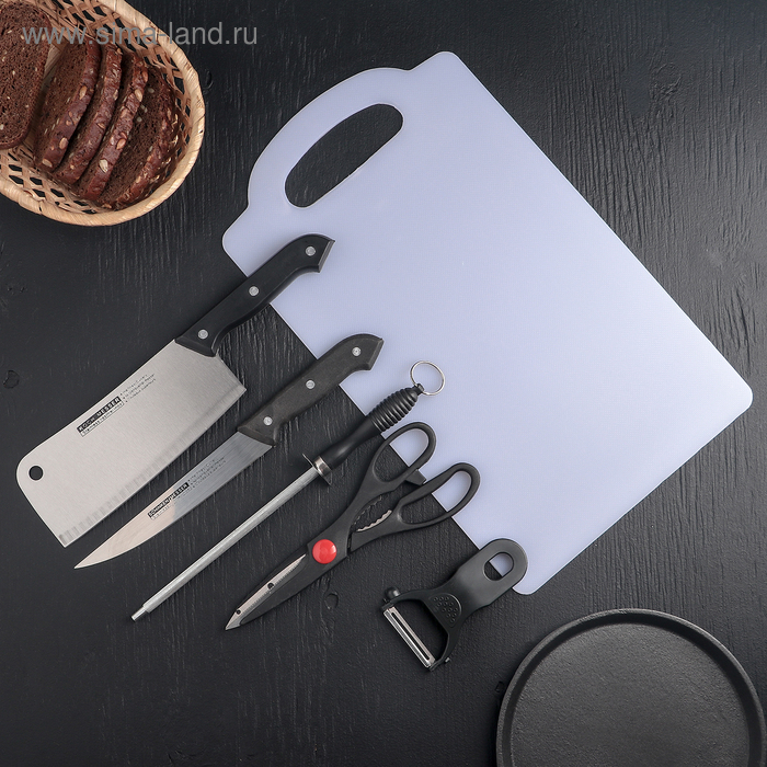 

Набор кухонный, 6 предметов: 2 ножа 15,5 см, 18 см, овощечистка, ножницы, разделочная доска, ножеточка