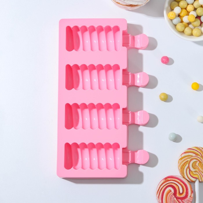 форма силиконовая для мороженого венеция 19 6×11×2 4 см 4 ячейки цвет микс Форма для мороженого Доляна «Моника», силикон, 19,5×11 см, 4 ячейки (6,7×3,2 см), цвет МИКС