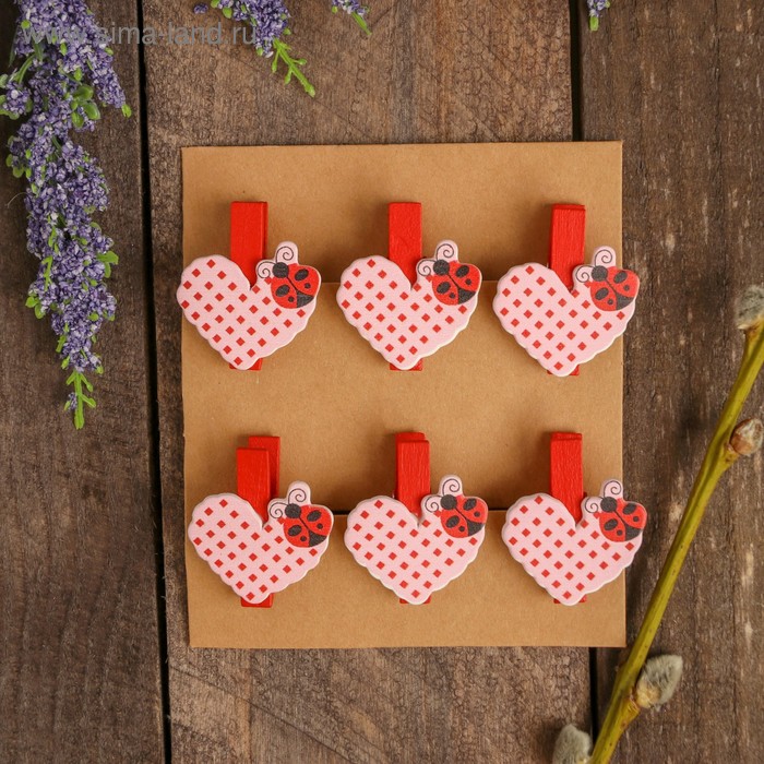 фото Прищепки декоративные «сердечки с божьей коровкой» набор 6 шт.