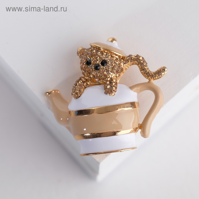 фото Брошь "котёнок" в чайнике, цвет коричнево-белый в золоте queen fair