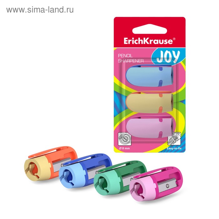 цена Точилка 1 отверстие ErichKrause Joy, 3 штуки, в блистере, микс