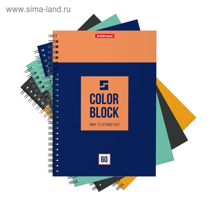 

Тетрадь А5, 60 листов в клетку на гребне, ErichKrause Color Block, обложка мелованный картон, блок офсет, МИКС