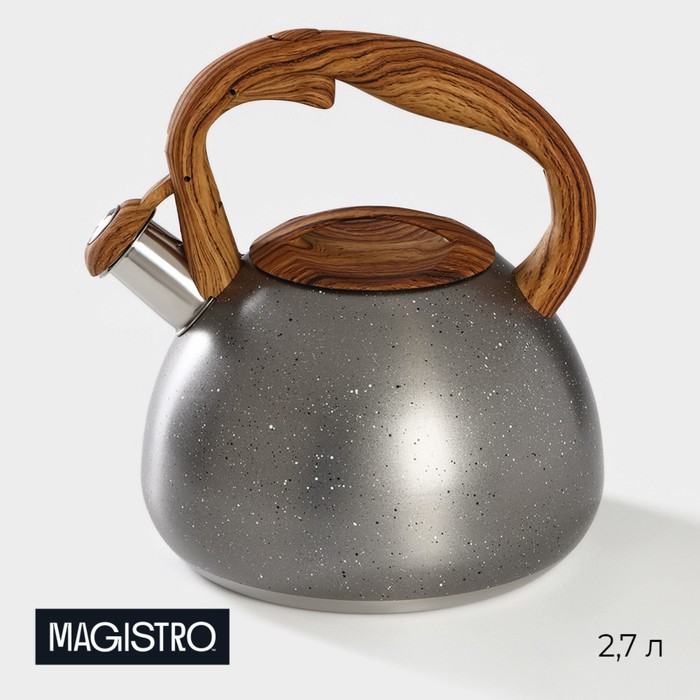 фото Чайник со свистком magistro stone, 2,7 л, ручка soft-touch, индукция, цвет серый