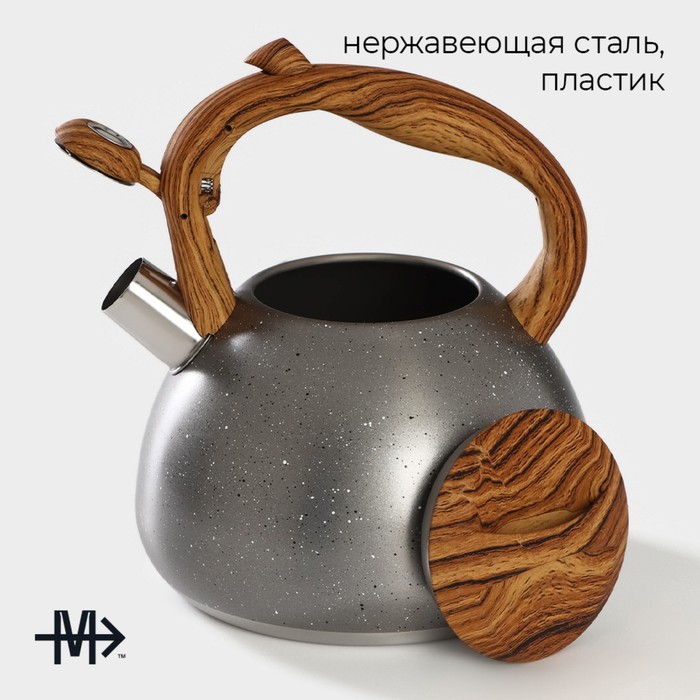 фото Чайник со свистком из нержавеющей стали magistro stone, 2,7 л, ручка soft-touch, индукция, цвет серый