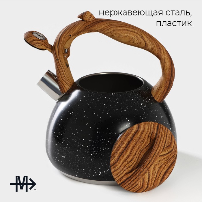 фото Чайник со свистком из нержавеющей стали magistro stone, 2,7 л, ручка soft-touch, индукция, цвет чёрный