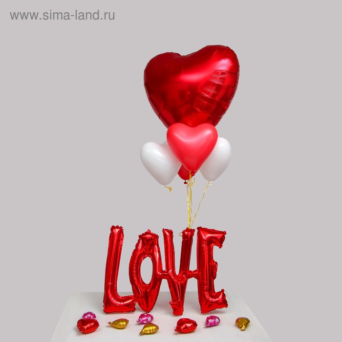 фото Букет из шаров 38" «надпись любовь», заглавные буквы, сердца, набор 6 шт. + грузик, цвет красный страна карнавалия