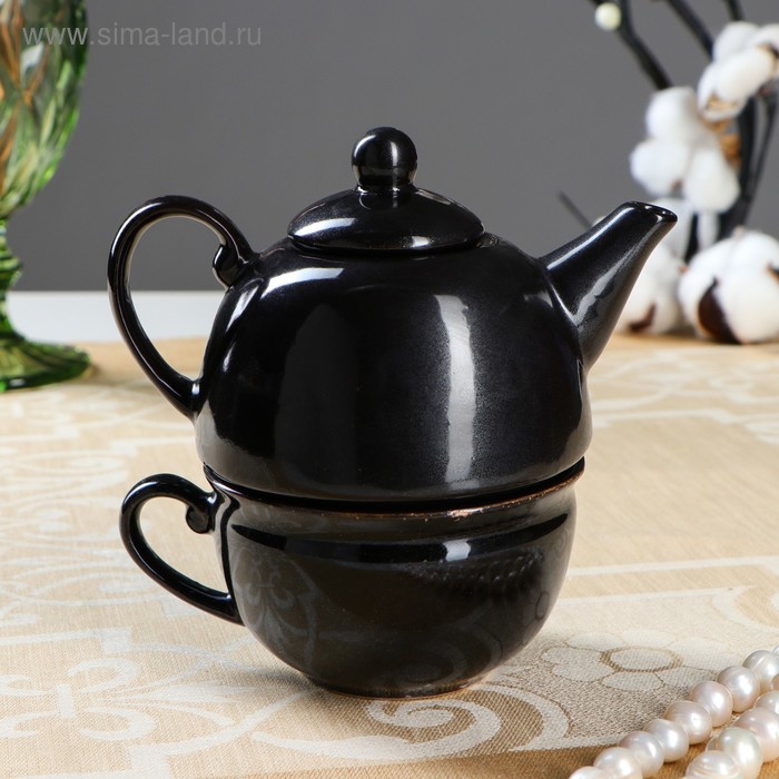 Чайник с чашкой, черный глянец, 1 персона, чайник 0,3л , чашка 0,15л (1 сорт)