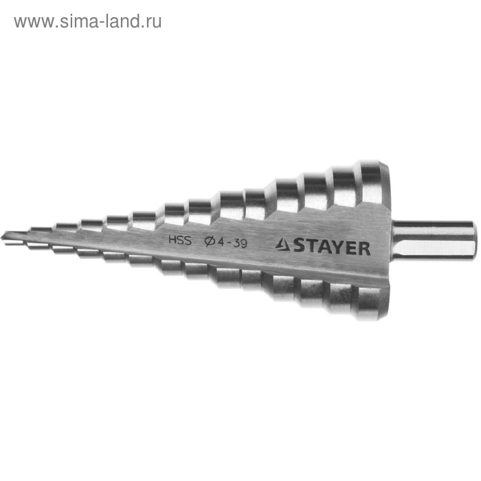 Сверло ступенчатое STAYER 29660-4-39-14, 4-39 мм, 113 мм, 14 ступеней, трехгранный хвостовик   48168