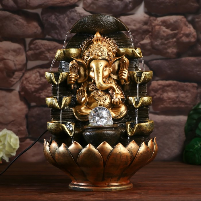 Фонтан настольный от сети, подсветка "Ганеша в храме" бронза 40х25х25 см