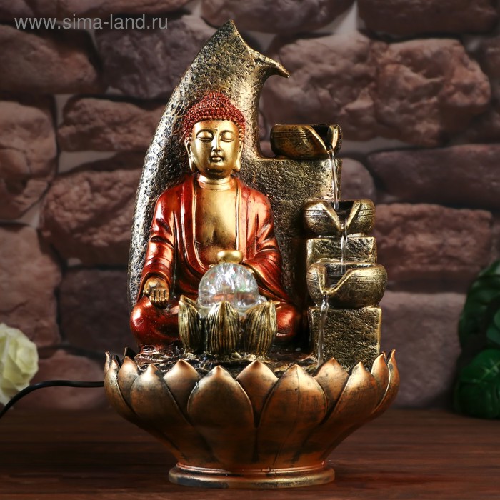 Фонтан настольный от сети, подсветка Медитация будды красно-золотой 40х25х25 см