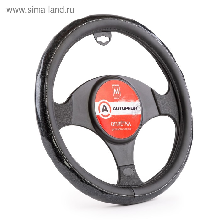 

Оплётка руля Autoprofi, экокожа, вставка по ободу ПВХ глянец, чёрый, размер М, 37-39 см