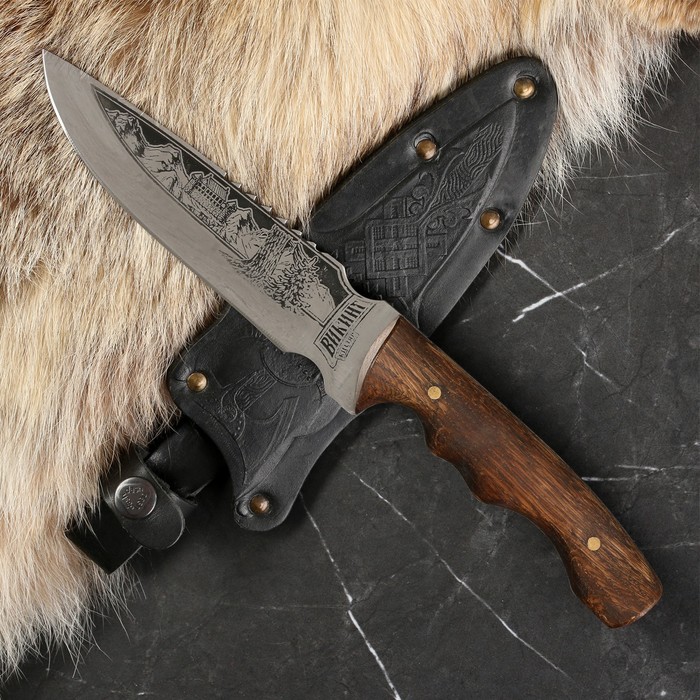 Нож кавказский, туристический Викинг с ножнами, сталь - 40х13, вощеный орех, 14.5 см