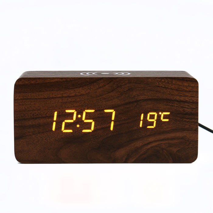 Настольные электронные часы "Цифра-ТЗ", термометр, QI зарядка, жёлтая индикация