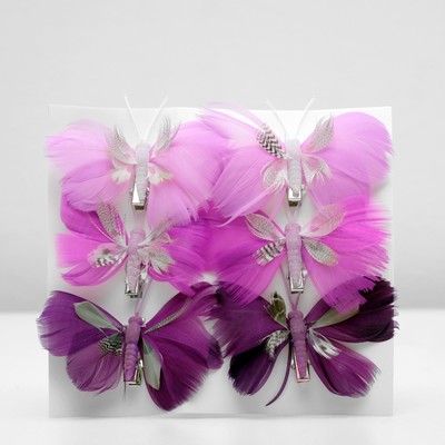 Бабочка для декора и флористики, на прищепке, пластиковая, сиреневый, микс, 1 шт-, 8 х 5 х 1 см