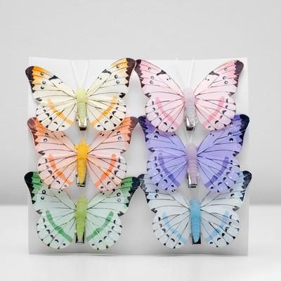 Бабочка для декора и флористики, на прищепке, пластиковая, микс, 1 шт-, 7,5 х 5 х 1 см