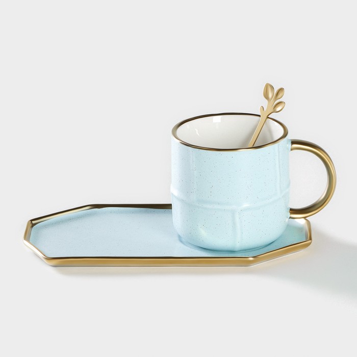 Чайная пара керамическая с ложкой «Весна», 2 предмета: кружка 300 мл, блюдце, цвет голубой