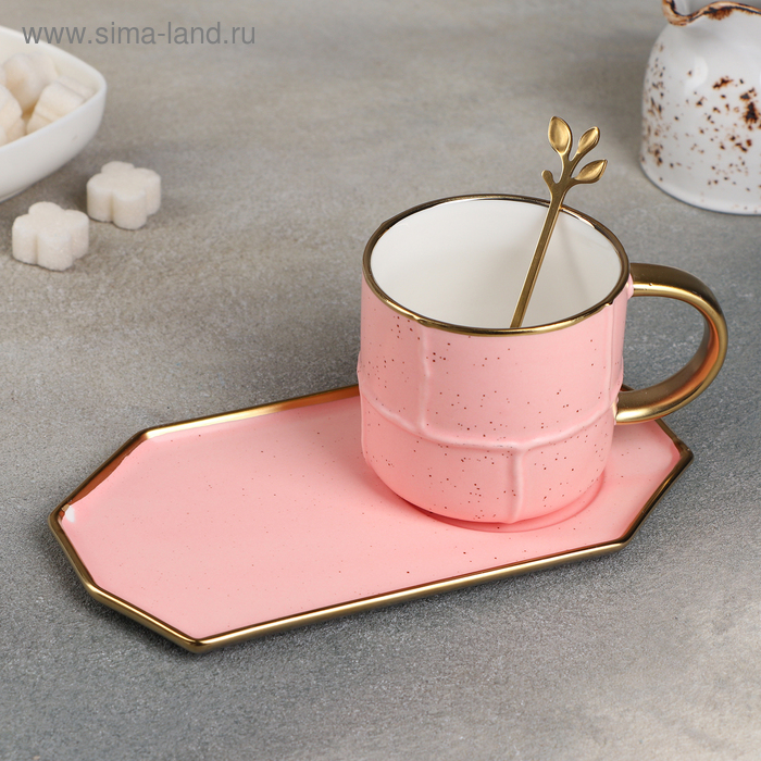 Чайная пара керамическая с ложкой «Весна», 2 предмета: кружка 300 мл, блюдце, цвет розовый