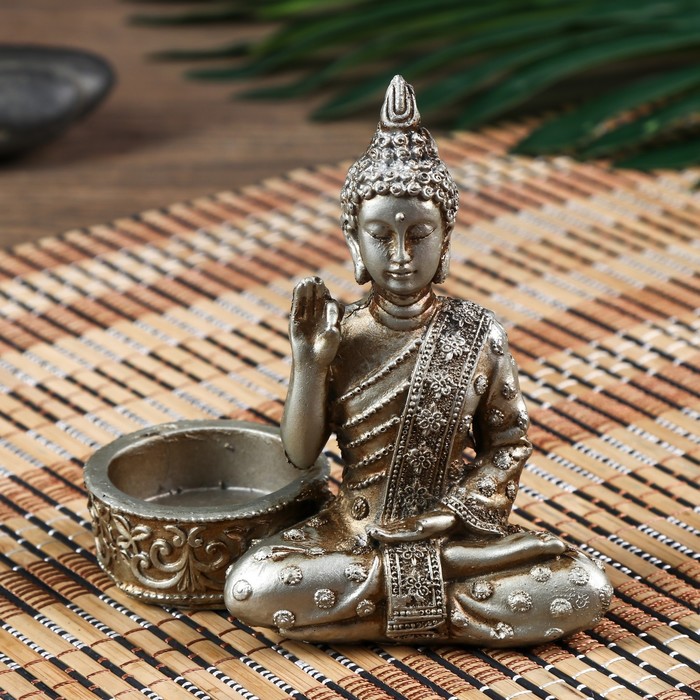Нэцке полистоун под серебро подсвечник "Будда - медитация" МИКС 10,5х5,3х11 см