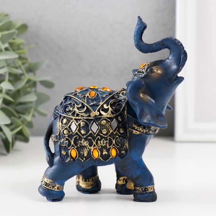 Сувенир полистоун Синий слон в попоне с золотым узором и зеркалами 14х7х11 см сувенир полистоун бежевый слон с золотым листом на спине 19 3х11х19 см