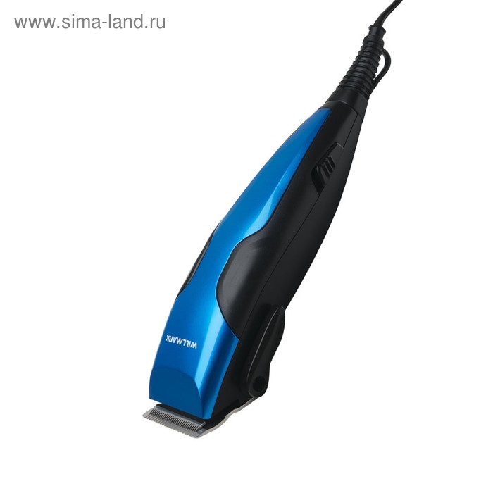 

Машинка для стрижки WILLMARK WHC-1721, 10 Вт, 4 насадки, сталь, от сети, чёрно-голубая