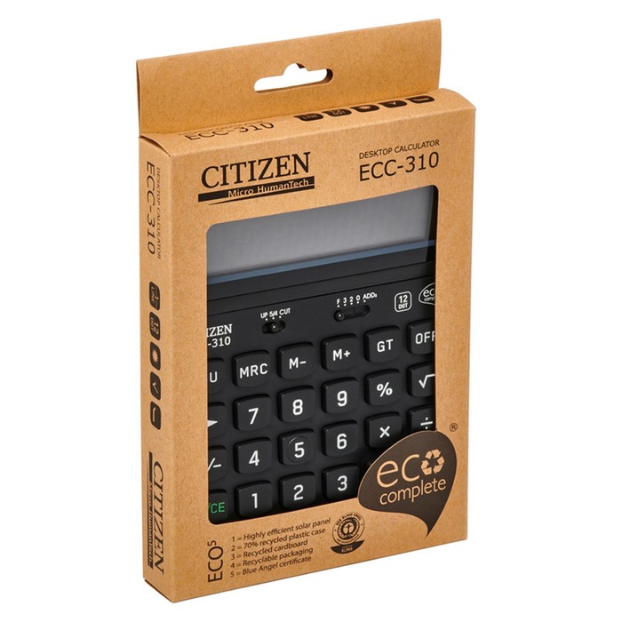 Калькулятор настольный,12 разрядов, Citizen ECC-310, питание от солнечной батареи, 107 х 173 х 34мм, черный