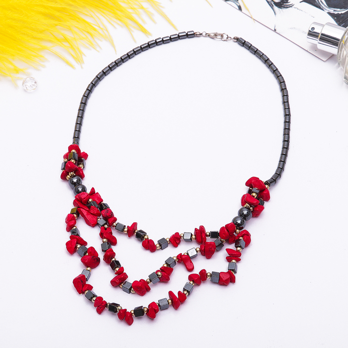 Бусы 3 яруса "Гематит с кораллом", 52см