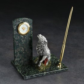 Письменный набор 'Волк', с часами и ручкой, 10х15х10 см, змеевик, гипс Ош