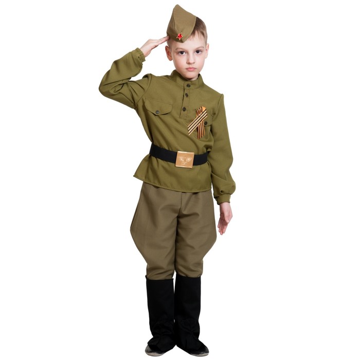 фото Карнавальный костюм «солдатик», гимнастёрка, ремень, галифе, сапоги, пилотка, рост 92-110 см карнавалофф