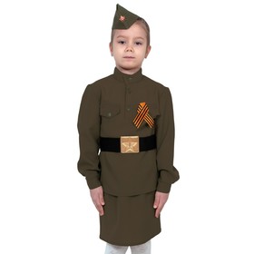 Карнавальный костюм «Солдаточка», гимнастёрка, ремень, юбка, пилотка, бант, рост 104-110 см