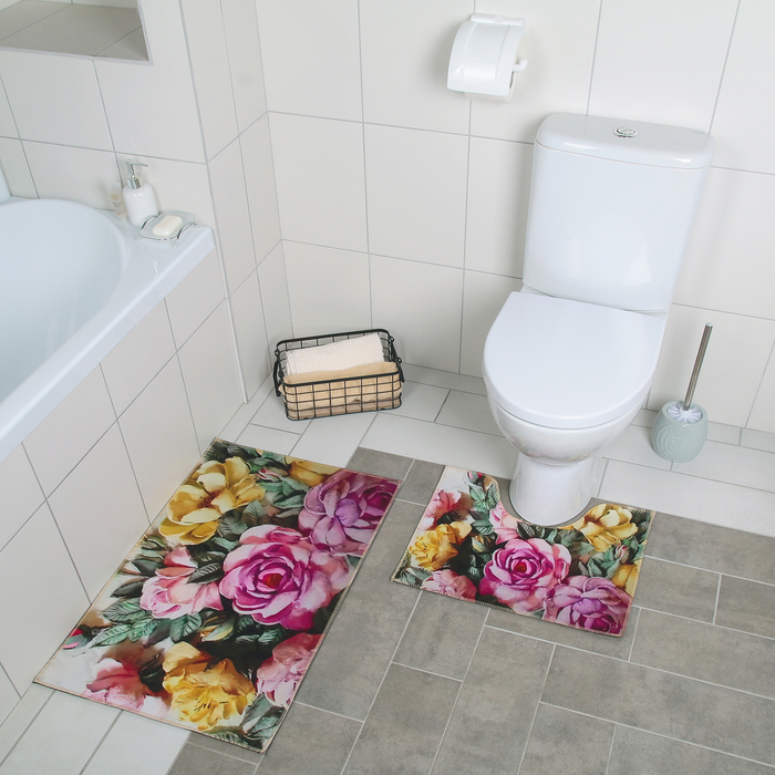 Набор ковриков для ванны и туалета Доляна «Акварель пионы», 2 шт: 40×50, 50×80 см