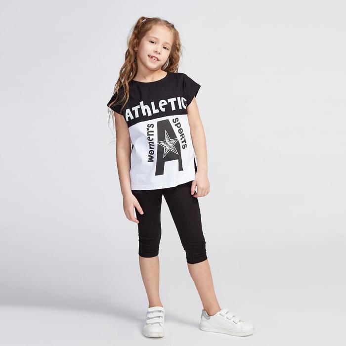 Комплект для девочки (футболка, леггинсы), цвет белый/чёрный, рост 104 см