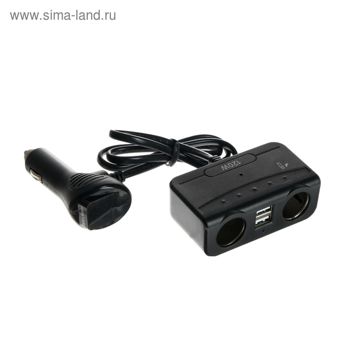 Разветвитель прикуривателя с вольтметром, 2 гнезда, 2 USB 1 А, провод 70 см