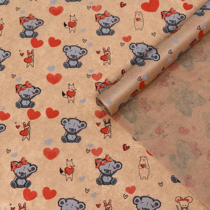 

Бумага упаковочная крафт "Зверушки с сердцами", 0,6 х 10 м, 40 г/м²
