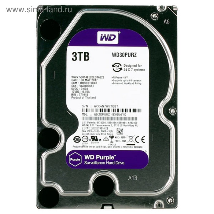 фото Жесткий диск wd original video purple, 3тб, sata-iii, 3.5"