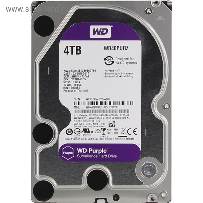 фото Жесткий диск wd original wd40purz video purple, 4тб, sata-iii, 3.5"