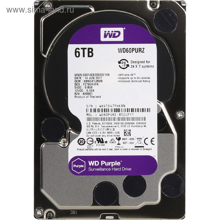 фото Жесткий диск wd original wd60purz video purple, 6тб, sata-iii, 3.5"