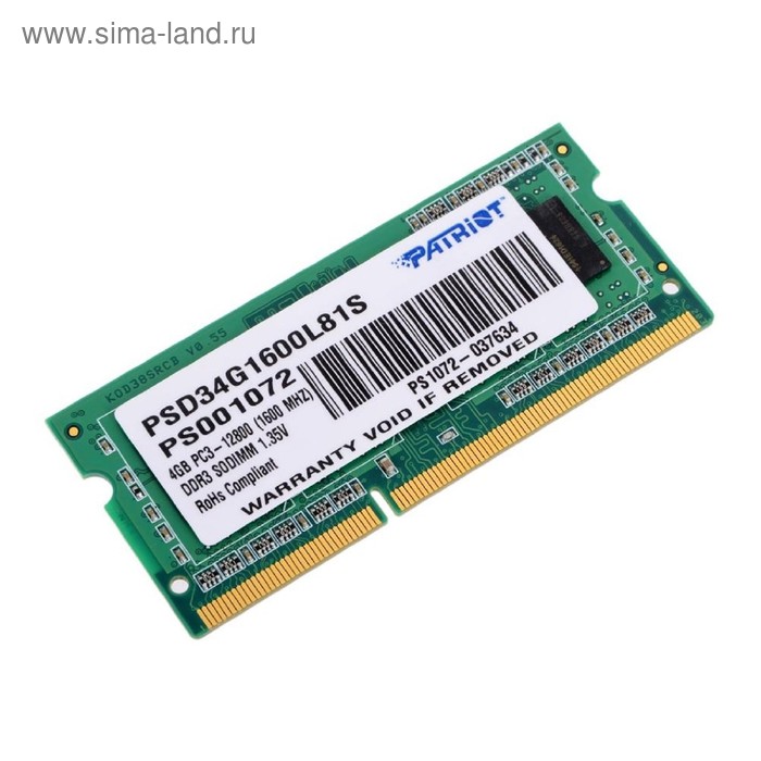 Память DDR3L Patriot PSD34G1600L81S, 4Гб, PC3-12800, 1600 МГц, SO-DIMM память ddr3 patriot psd34g133381 4гб pc3 10600 1333 мгц dimm