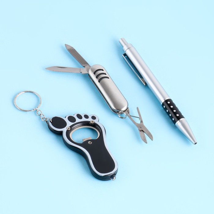 Подарочный набор, 3 предмета в коробке: ручка, брелок-открывашка, нож